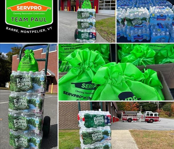 Collage of fire departments, cases of water, and green bags delivered to the fire departments.